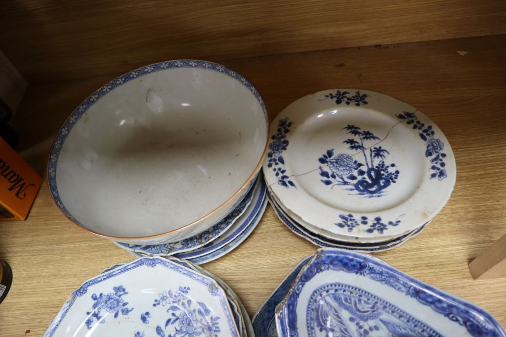 Twenty nine pieces of 19th century Chinese blue and white export porcelain to include dishes, plates and a bowl (a.f.)